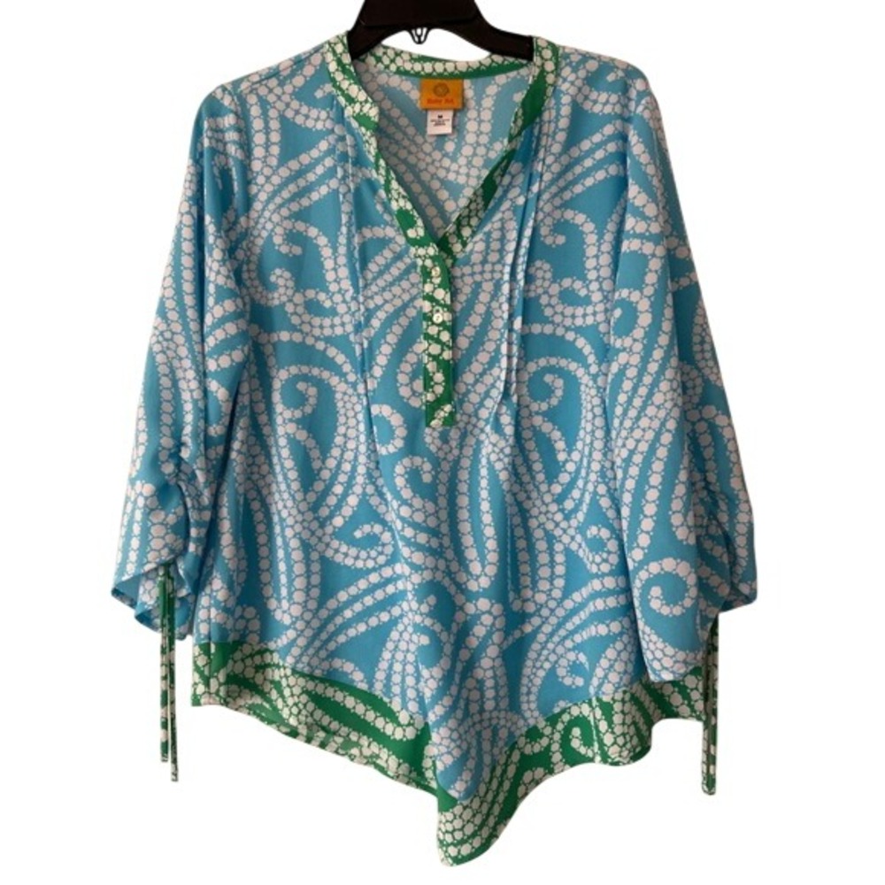 Ruby Rd Womens Blue Green Dot Print Angled Hem Blouse 23441 VD Size‎ M tropical